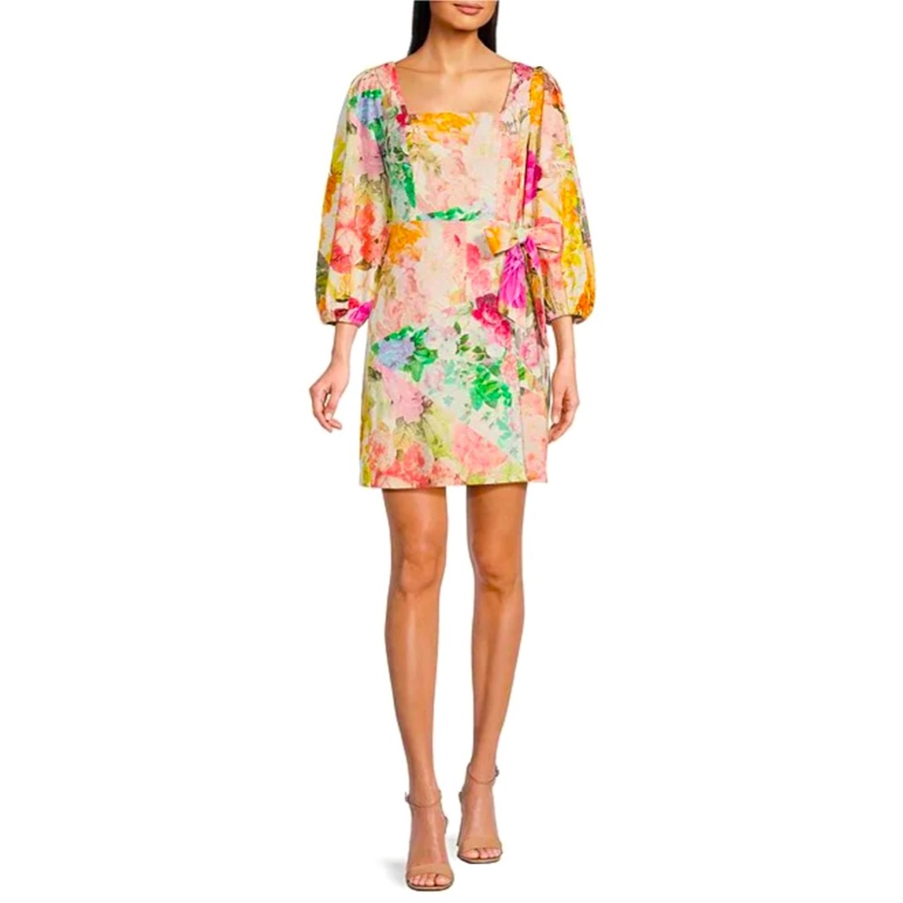 EUC Vince Camuto Linen Aline Dress Floral Print Dress in Ivory and Pastels, Sz 6
